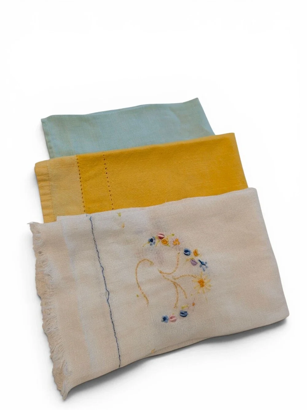 VINTAGE Embroidered Linen Tea Towels Cream Yellow Aqua 3-Set Lot